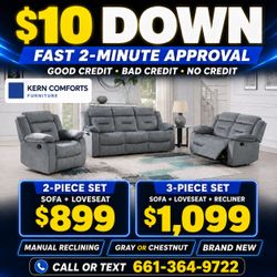 🚨 SALE! Gray Reclining Sofa & Loveseat Recliner Set $10 Down!