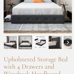 Upholstered Storage Bed with 4 Drawers and Wingback Headboard, Diamond Stitched Button Tufted Brand New  in the Box 