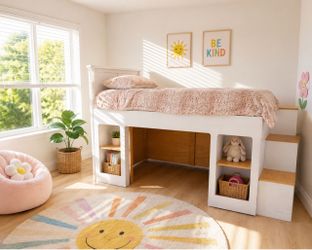 White Loft Bed with Storage and Stairs Custom built mattress not included twin size