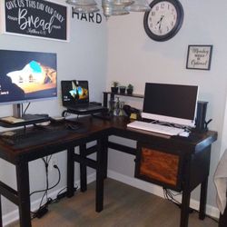 Golden  Stain Top  L Shaped  Desk With  Top Shelf And Storage Cabinet 