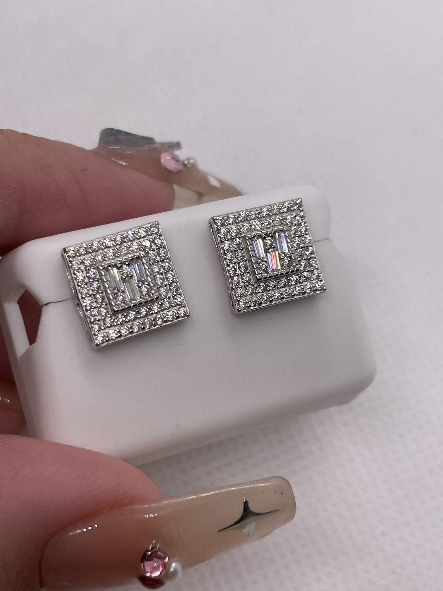 Large Square Earrings Baguettes - 925 & Moissanite Diamonds, Screw back