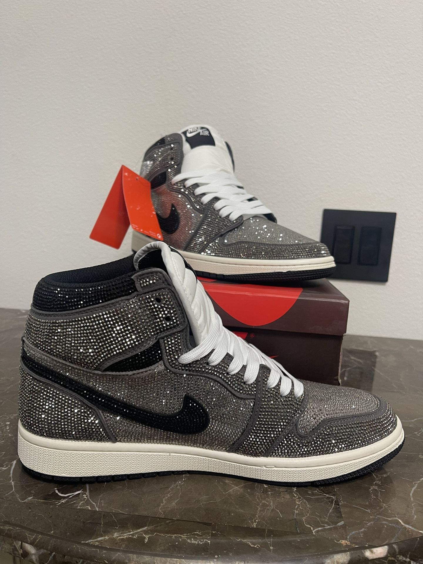 Mens Size 11.5 Custom Black, Grey & White Iced Out Blingged Nike Air Sneakers with white Shoe Strings, Measures 28cm long, Size Euro 46