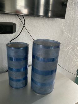 Blue Striped Glass Cylinder Vases - Set of 2