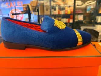 Blue Velvet Loafer with Gold Crest