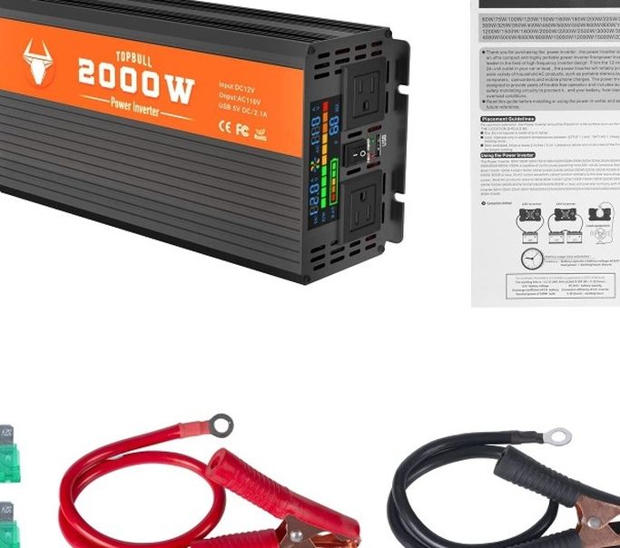 Power Inverter 2000 Watt, 12V DC to 110V AC Converter. Dual AC Outlets, USB Port. RV, Camping