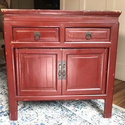 Authentic Antique Red Painted Wood Cabinet - Side Table - Nightstand