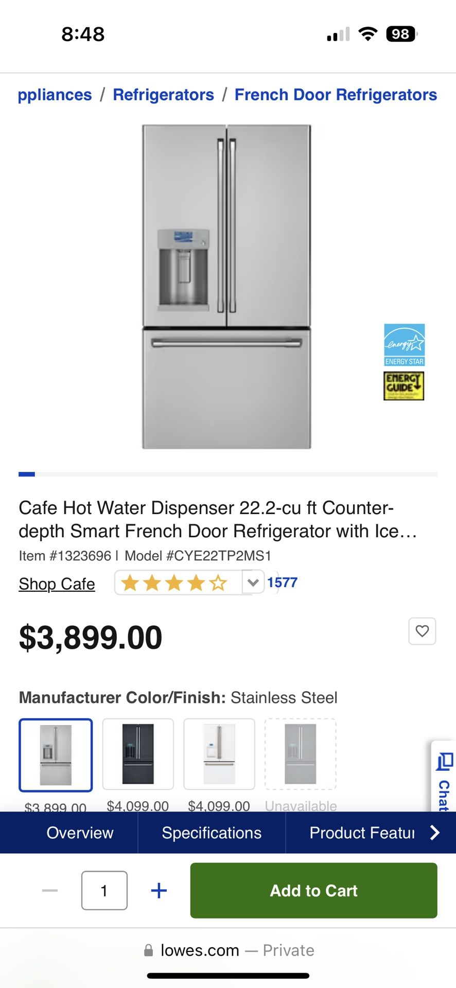 GE Cafe Series Model CYE22TSHDSS Fridge