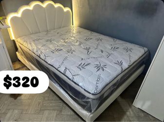 Bed with lighting and 12-inch-thick pillow-top mattress Queen sizes