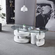 COFFEE TABLE SET WHITE OR BROWN AVAILABLE TEMPERED GLASS 12MM WITH 2 ROUND STOOLS (ARCT255) $499