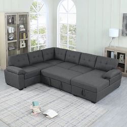 U Shaped Sectional Sofa Couch Pull-Out Sleeper Bed With Storage Chaise