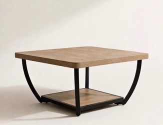 Square Coffee Table | Natural Wood & Black Metal Frame | Bottom Shelf