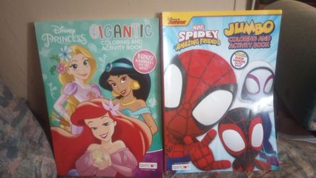 2 Disney coloring books and activity princess Gigantic coloring book and marvel spiderman new