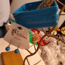 NWT Blue Square Design Bangle Bracelet and Ball Earrings