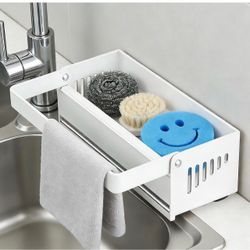 Kitchen Sink Storage Rack, Carbon Steel Sponge Holder Drainage Towel Bar Carbon Steel Construction with Slope Drainage. Foldable Towel Bar. Fixed Suct