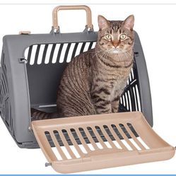 SportPet Designs Foldable Travel Cat Carrier - Front Door Plastic Collapsible Carrier, Gray and Tan