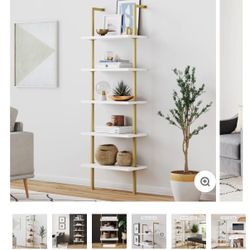 Nathan James Theo 5‑Shelf Ladder Bookcase – Gold & White (Like New)