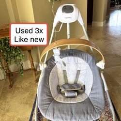 LIKE NEW Ingenuity Simple Comfort Compact Baby Swing with Wood Toy Bar - Chambray