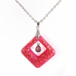 Deep pink faux opal diamond shaped pendant cz charm on 20" silver necklace new 