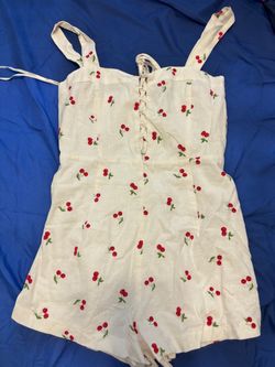 Forever 21 White Cherry Print Lace-Up Romper
