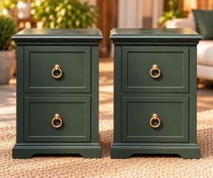 Set of 2 Elegant Forest Green 2-Drawer Nightstand – Gold Ring Hardware NEW 2 Mesas de Noche Verde