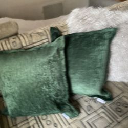 Decorative Throw Pillows- 2 Green 20”X20”,light Beige With Glitter 22”X22”