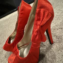 Red Satin Bow Platform Heels (Open Toe) Size 6.5