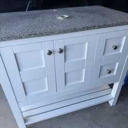 White 37” Bathroom Vanity In Excellent Condition With Heavy Granite Top And Vessel Sink