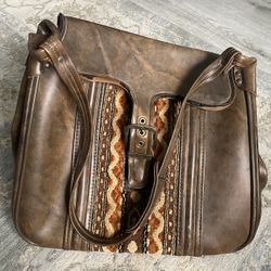 Vintage 70s Shoulder Bag With Embossed Retro Pattern Brown Leather 