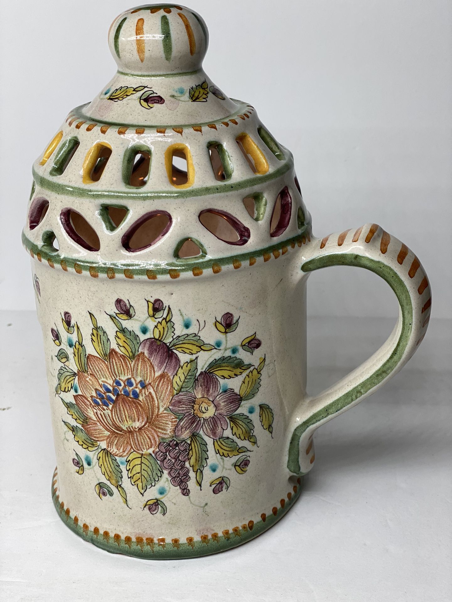Gorgeous Rare Vintage Hand Painted Italian Majolica Reticulated Conical Lantern Candle Holder with Handle Polychrome Floral and Foliate Motif.  19th C