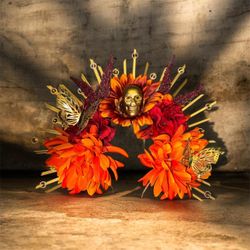 Day of the Dead Floral Skull Crown Headpiece