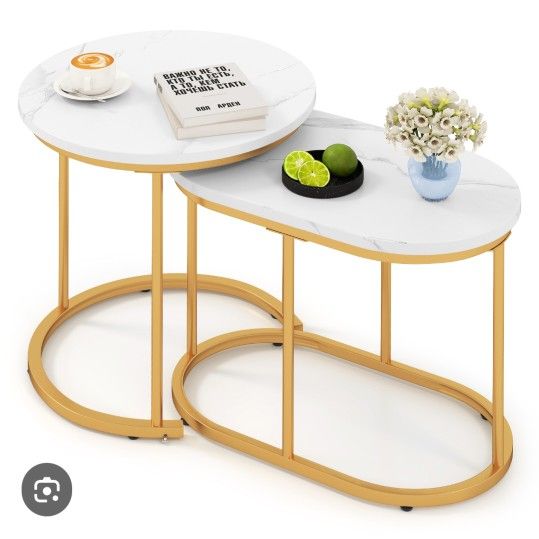 2 Piece Round Side Table Coffee Table Accent Table, Faux Marble Round Nesting Table Set of 2, End Table Set for Living Room, Bedroom, Balcony, Office,