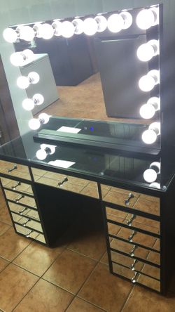 Black Vanity Makeup Table With Bluetooth Speakers and LED Lights Brand New 