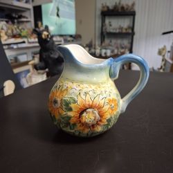 Hand-painted Glazed Ceramic Maxcera Corp Toile Sunflower Creamer W/Blue Accents On Rim & Handle 16OZ Capacity 5"H X 5.5"W