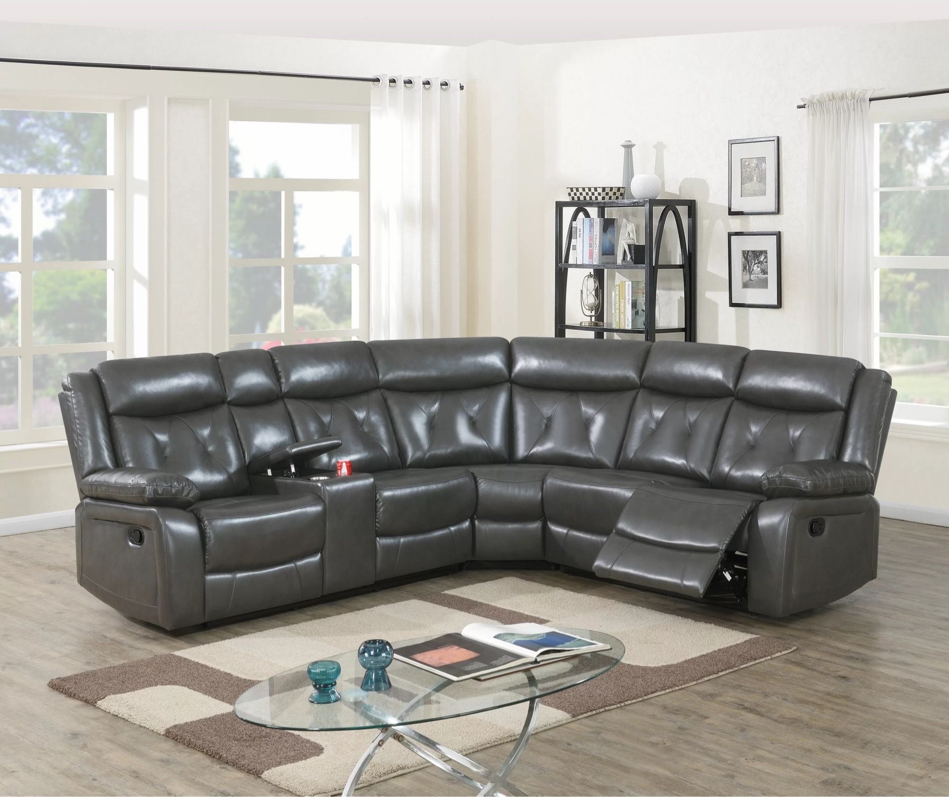 GREY FAUX LEATHER RECLINING SECTIONAL SOFA