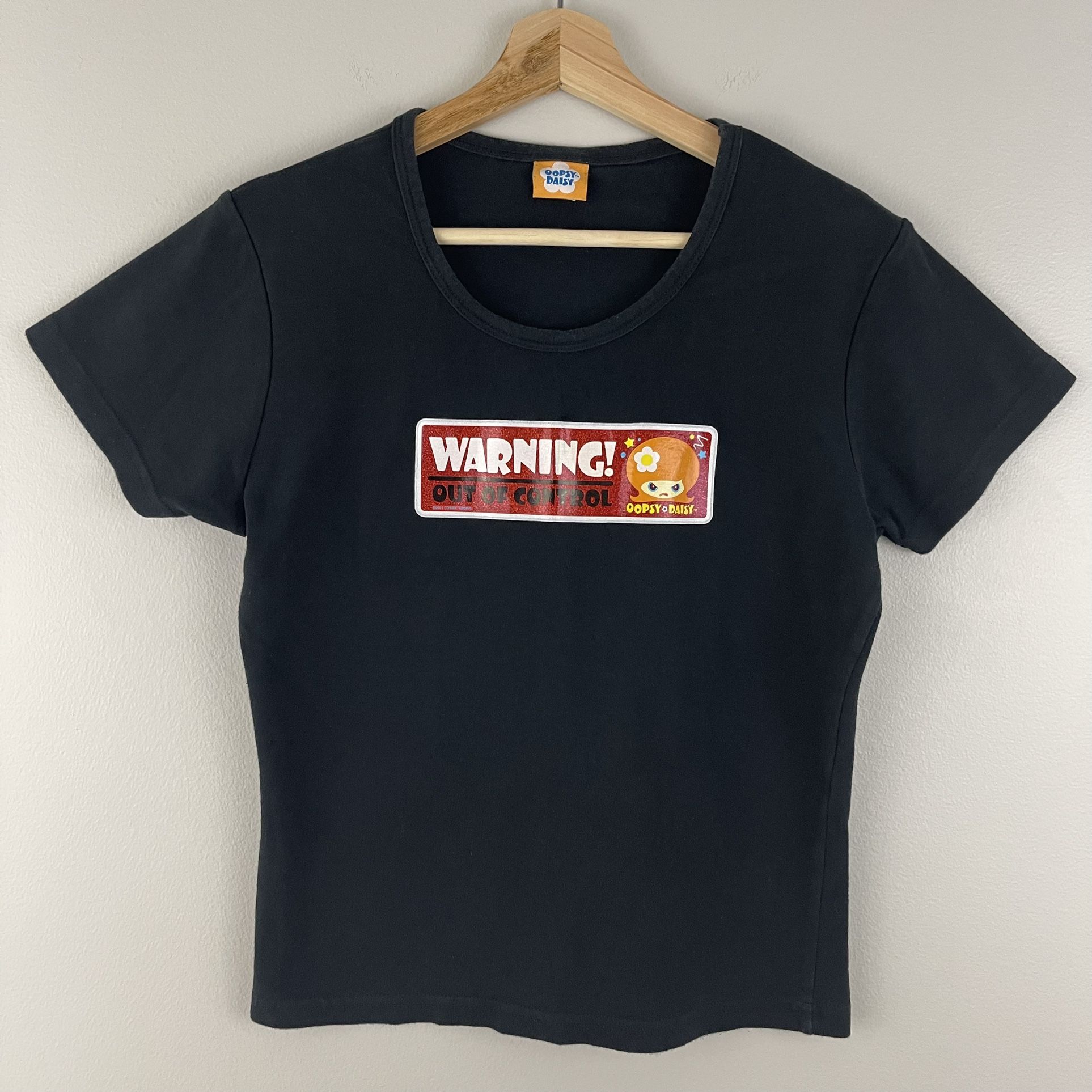 COSMIC DEBRIS Oopsy Daisy Vintage Y2K 2000’s Black Warning! Out Of Control Tee
