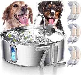 Dog Water Fountain for Large Dogs 7L/236oz Stainless Steel Dog Water Bowl Dispenser Automatic Cat Water Fountain with Deeper Drinking Area, Multi-Filt