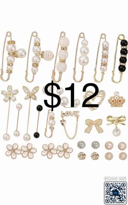 28 Pcs Pin Charm Brooch Kit Include Safety Pins & Pants Waist Tightener Pearl & Rhinestone Design for Women Clothing
