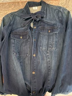 cabi denim blouse, xl, bow collar