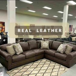 C1S08_   Roleson 3pc  Real Leather Sectional Couch * P a y  E a s i l y