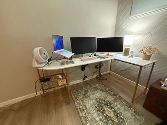 White and Gold L-Shaped Desk (76 x 40 inch)