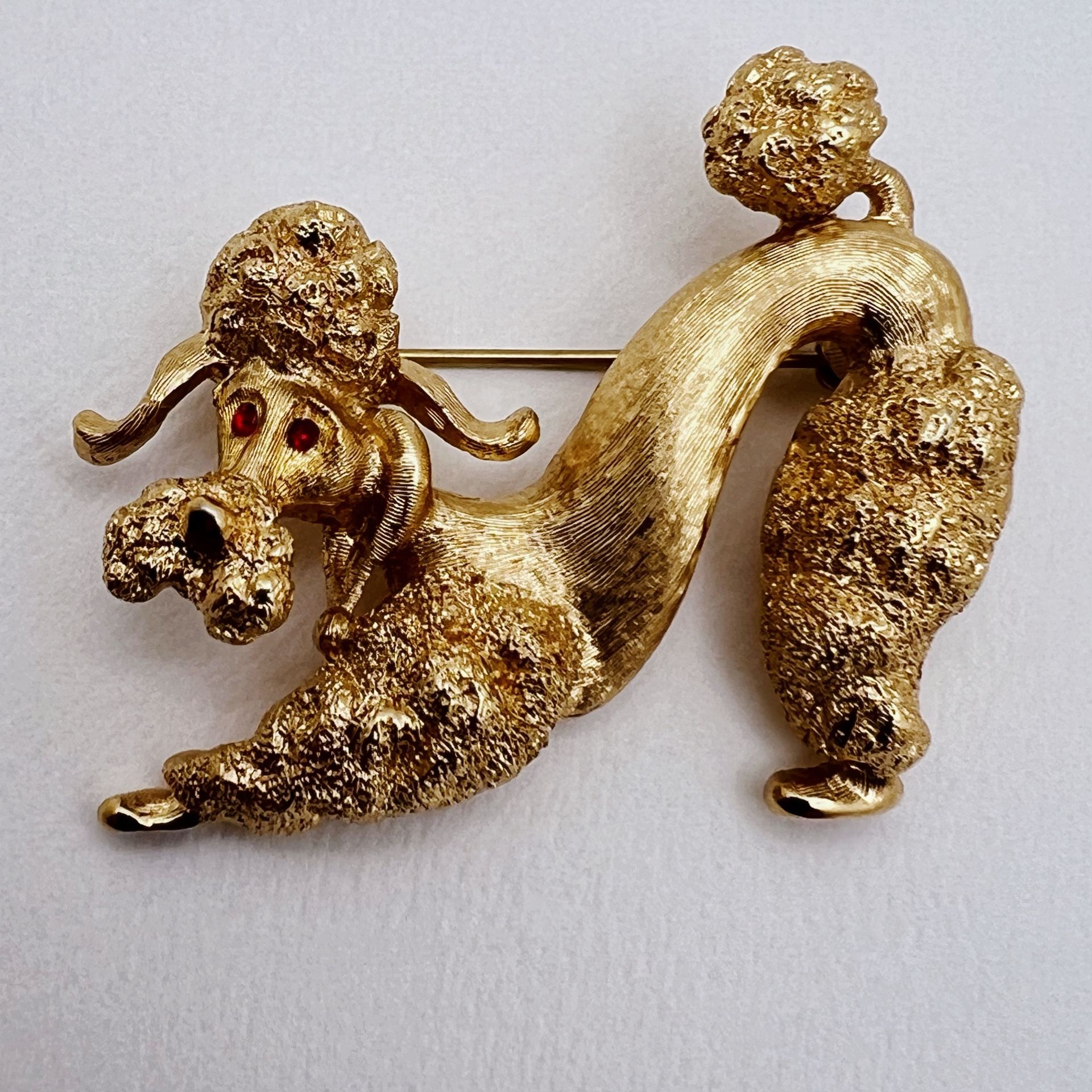 Monet Vintage Gold Tone and Red Rhinestones Playful Poodle Statement Brooch (EUC)