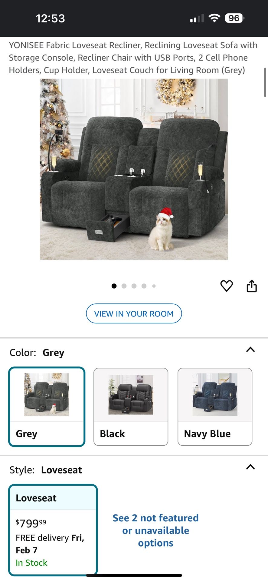 Grey Fabric Loveseat Recliner.