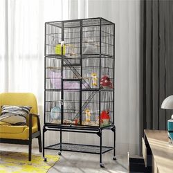 69-Inch Extra Large Wrought Iron 3 Levels Ferret Chinchilla Sugar Glider Squirrel Small Animal Cage with Cross Shelves and Ladders, Black