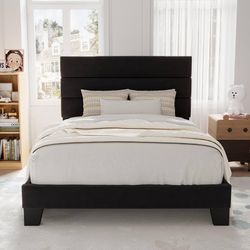 Twin Size Platform Bed Frame with Velvet Upholstered Headboard and Wooden Slats Support, Fully Upholstered Mattress Foundation/No Box Spring Needed/Ea