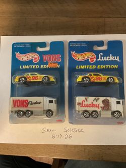 Vintage 1996 Hot Wheels Lucky and Vons Limited Edition Race Car and Grocery Truck Set