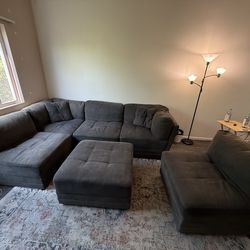 Dark Grey Modular Sectional Sofa w/ Ottoman & Extra Chair
