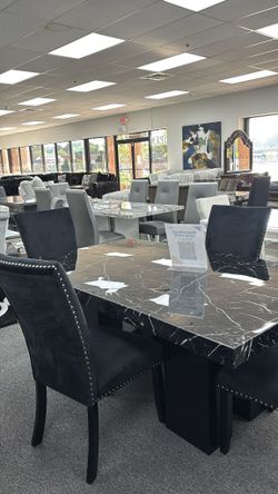 Stunning Black Marble look dining set w/Sleek black base 