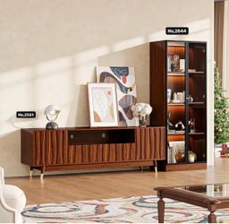 102'' Finish Entertainment Center for 55/65/75 inch TV, Included 78'' TV Stand and Glass Display Cabinet, 2-Piece Brown Mid Century Modern Wood Media 