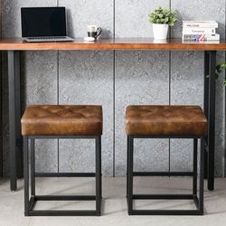 Furnimart 24" Counter Stool Set of 2 Leather Counter Height Chair Upholstered Counter Saddle Chair Island Stool for Kitchen Dining Room Bar
