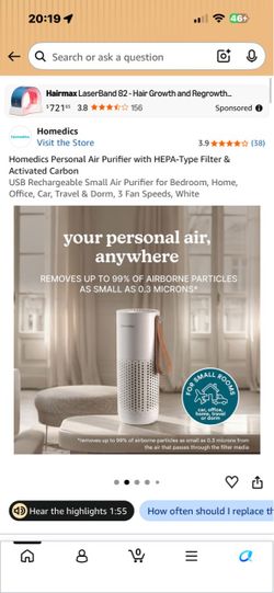 Homedics Personal Air Purifier with HEPA Filter